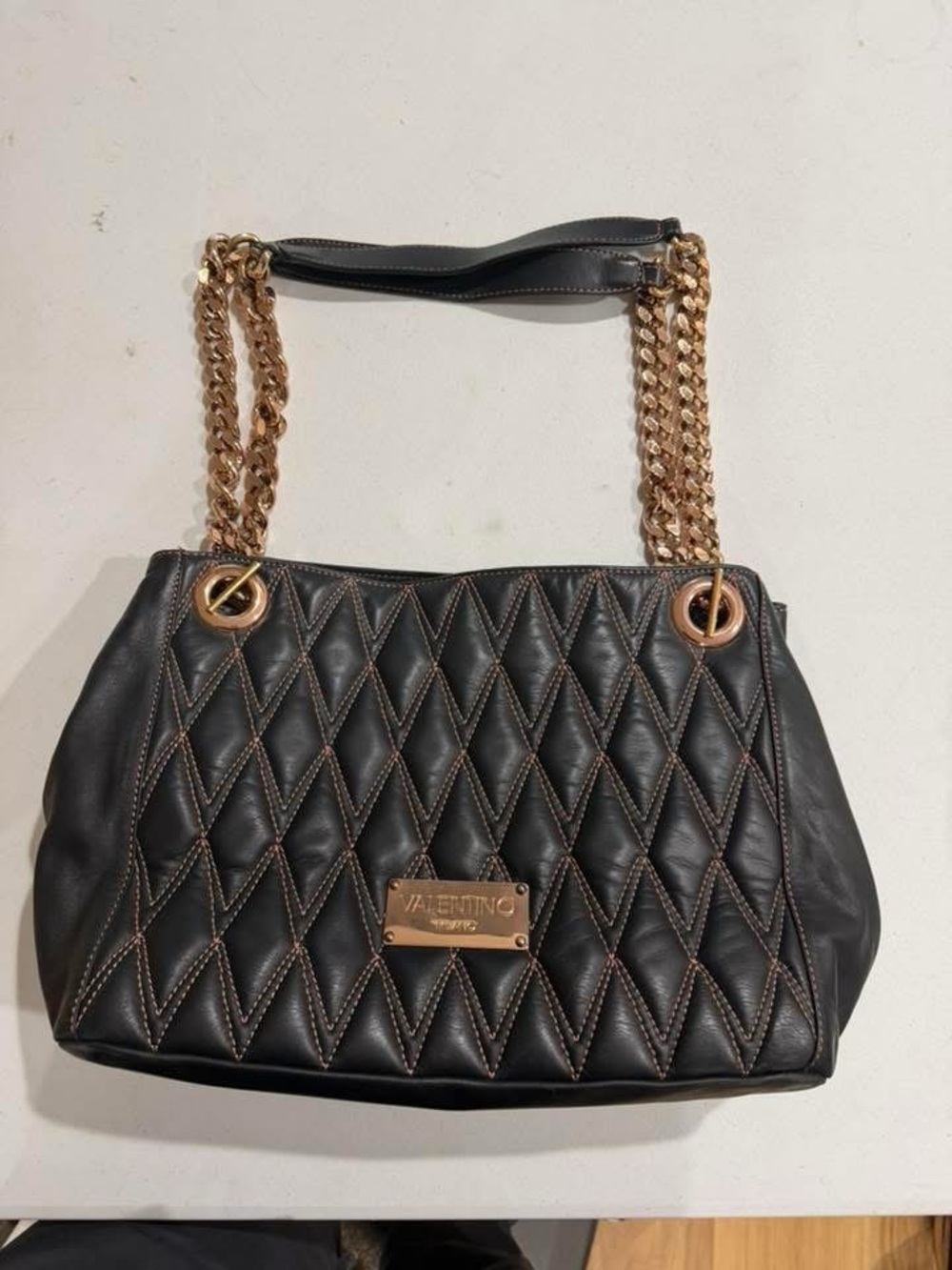 Valentino Black Quilted Leather Shoulder Bag with Gold Chain